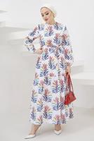 Tesettür giyim KIRMIZI DESENLİ KUŞAKLI TERİKOTON ELBİSE T 0624