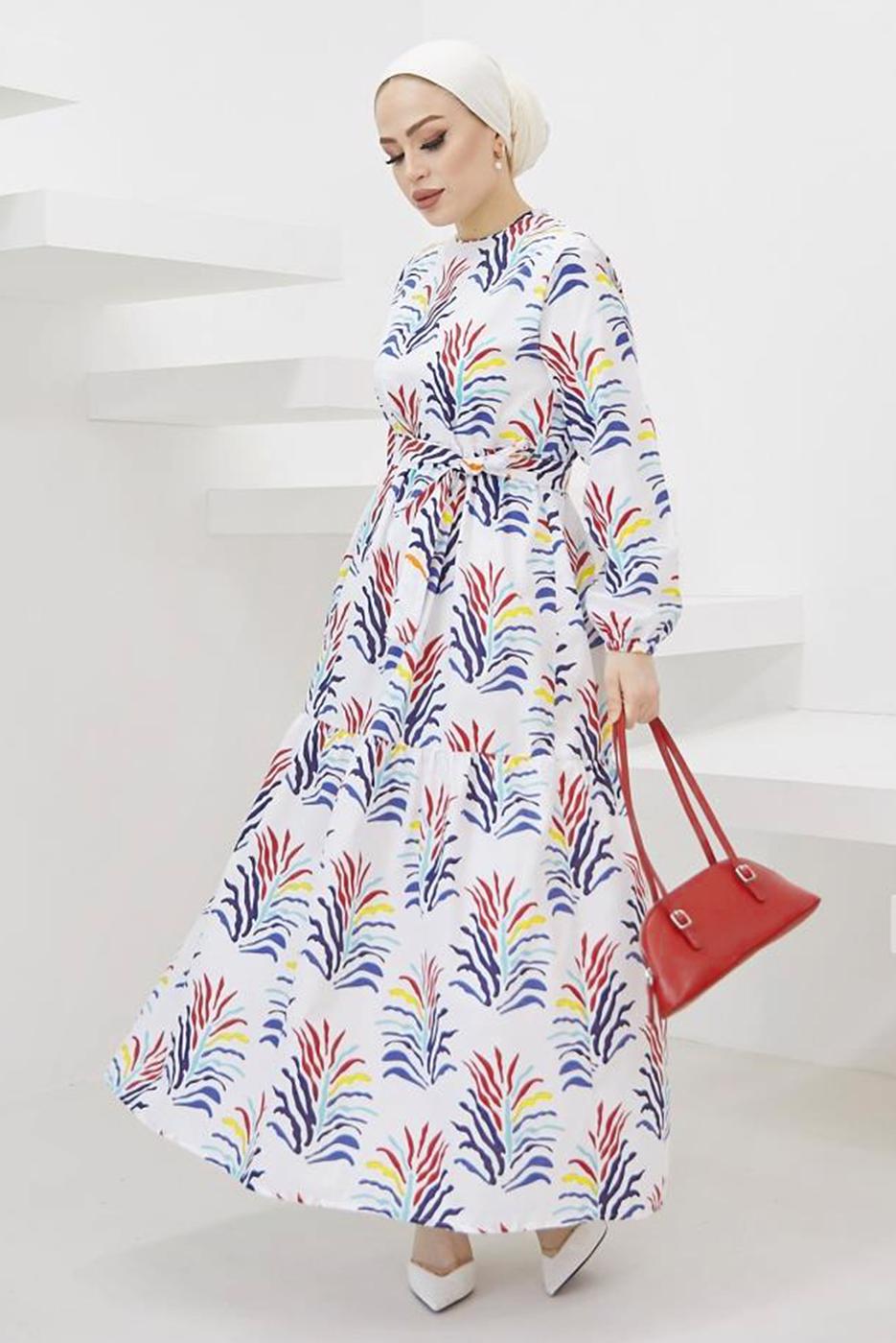 Tesettür giyim KIRMIZI DESENLİ KUŞAKLI TERİKOTON ELBİSE T 0624