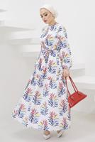 Tesettür giyim KIRMIZI DESENLİ KUŞAKLI TERİKOTON ELBİSE T 0624