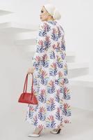 Tesettür giyim KIRMIZI DESENLİ KUŞAKLI TERİKOTON ELBİSE T 0624