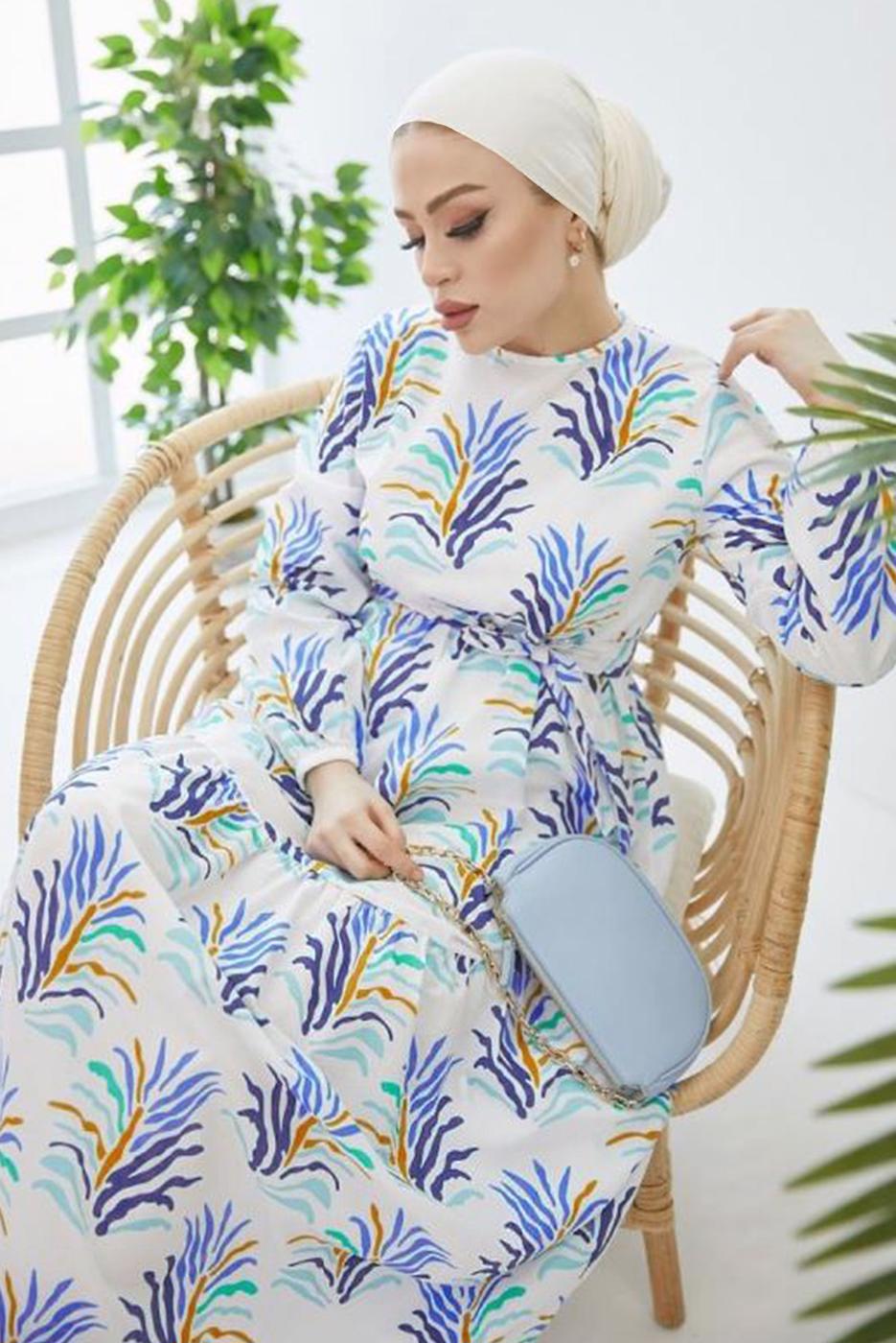 Tesettür giyim MAVİ DESENLİ KUŞAKLI TERİKOTON ELBİSE T 0624