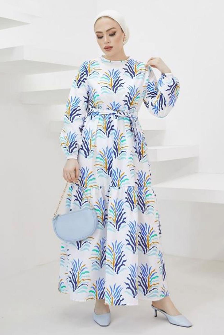 Tesettür giyim MAVİ DESENLİ KUŞAKLI TERİKOTON ELBİSE T 0624