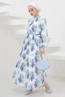 Tesettür giyim MAVİ DESENLİ KUŞAKLI TERİKOTON ELBİSE T 0624