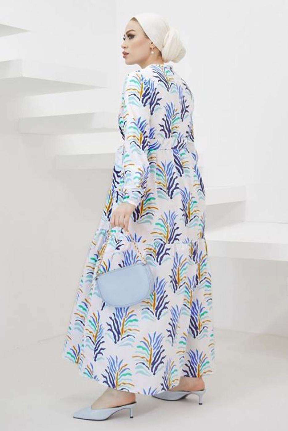 Tesettür giyim MAVİ DESENLİ KUŞAKLI TERİKOTON ELBİSE T 0624