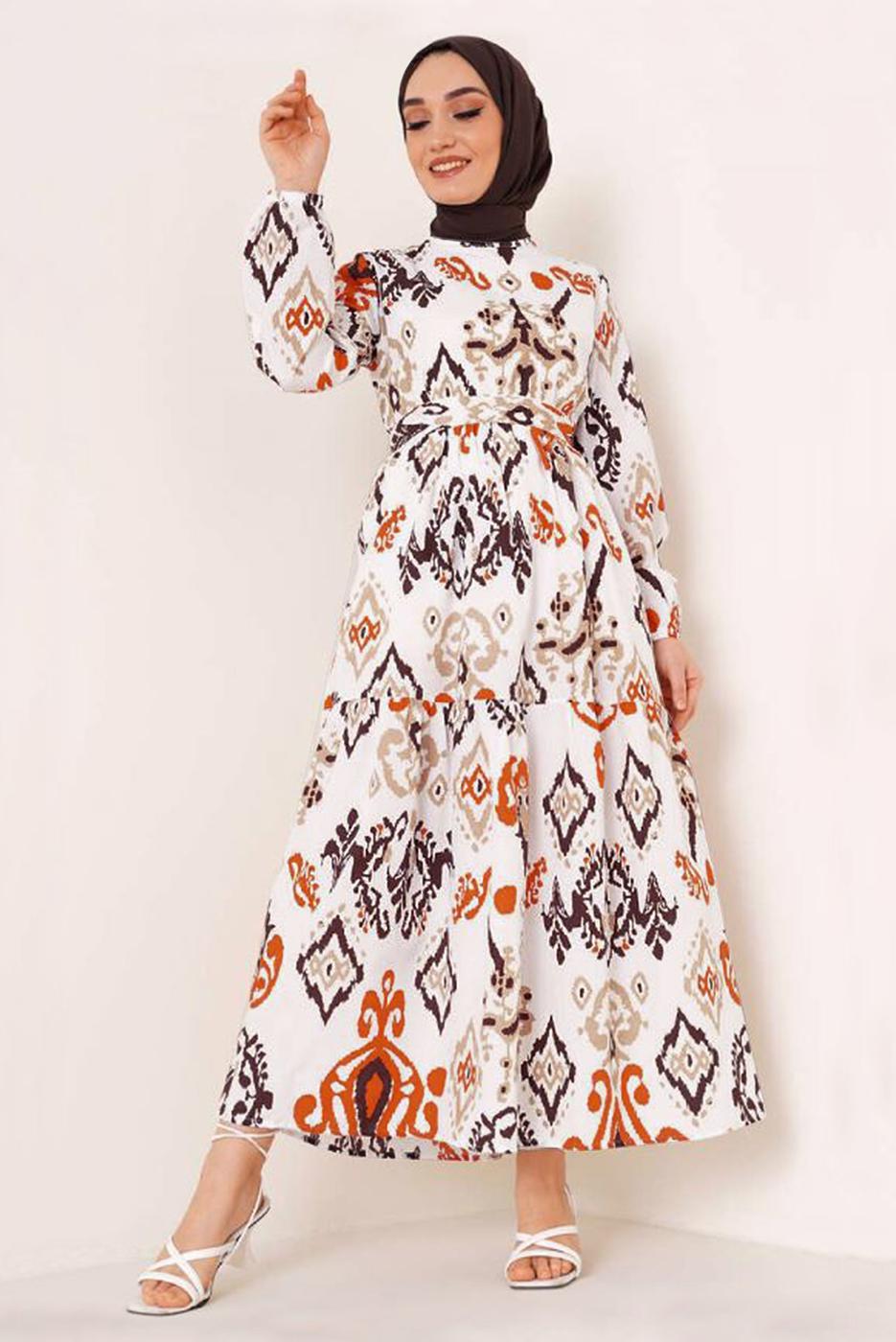 Tesettür giyim TURUNCU ETNİK DESENLİ KUŞAKLI ELBİSE T 634