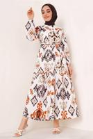 Tesettür giyim TURUNCU ETNİK DESENLİ KUŞAKLI ELBİSE T 634