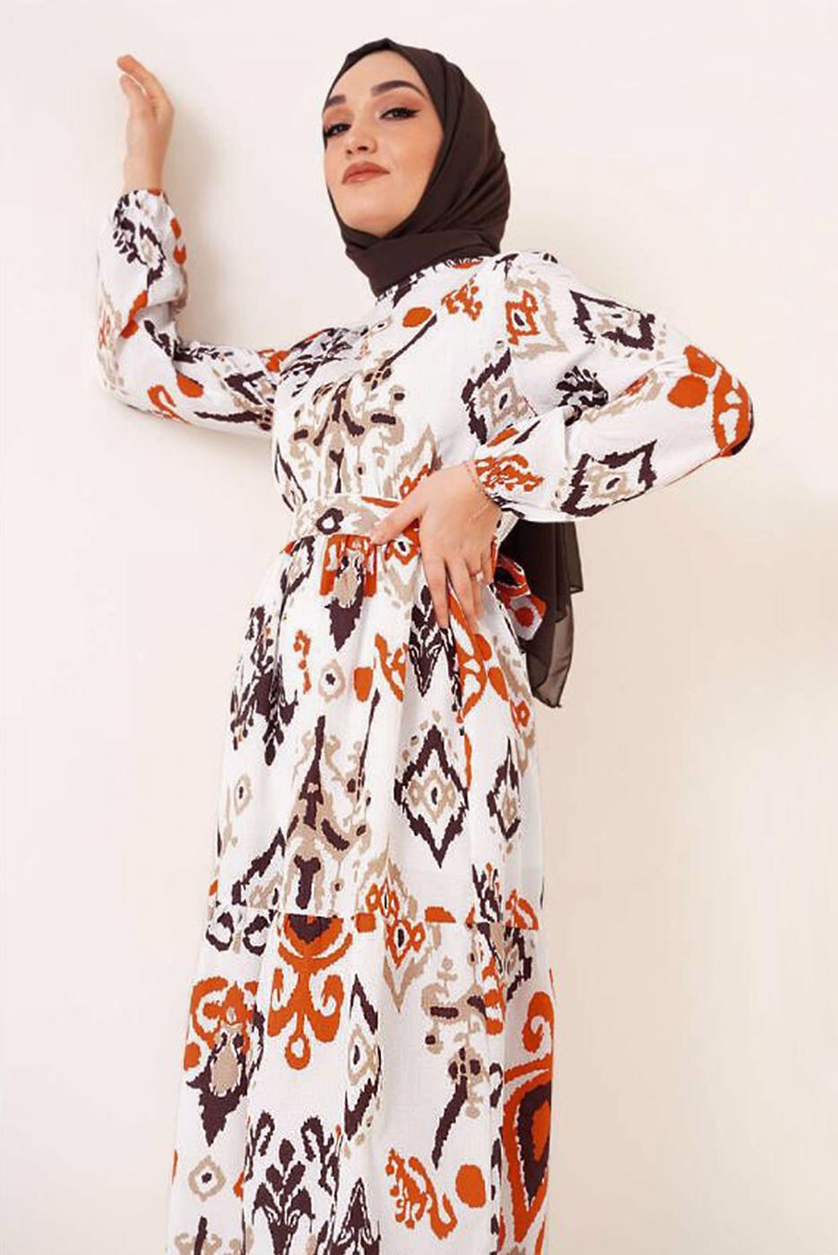 Tesettür giyim TURUNCU ETNİK DESENLİ KUŞAKLI ELBİSE T 634
