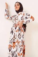Tesettür giyim TURUNCU ETNİK DESENLİ KUŞAKLI ELBİSE T 634