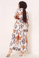 Tesettür giyim TURUNCU ETNİK DESENLİ KUŞAKLI ELBİSE T 634