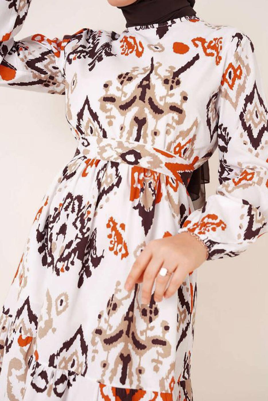 Tesettür giyim TURUNCU ETNİK DESENLİ KUŞAKLI ELBİSE T 634