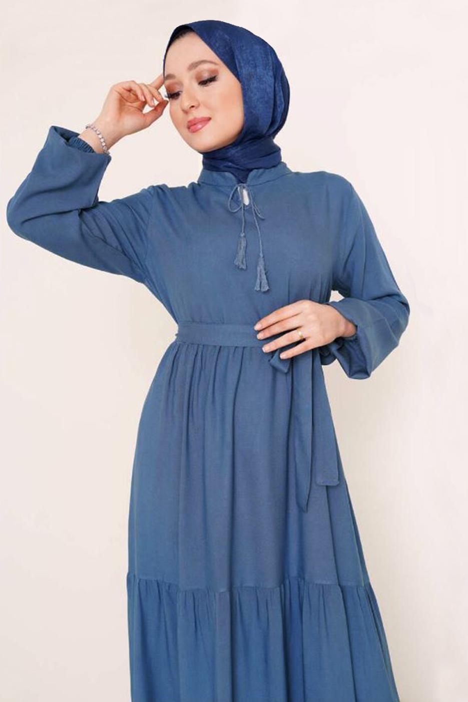 Tesettür giyim MAVİ YAKASI BAĞLAMALI KUŞAKLI ELBİSE T 644