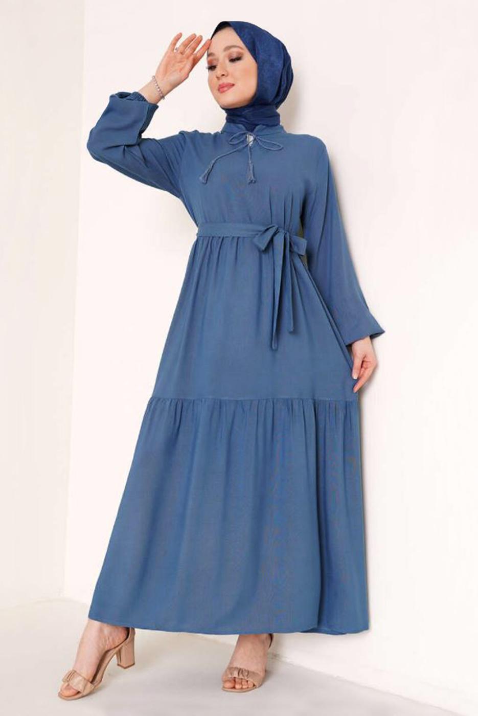 Tesettür giyim MAVİ YAKASI BAĞLAMALI KUŞAKLI ELBİSE T 644