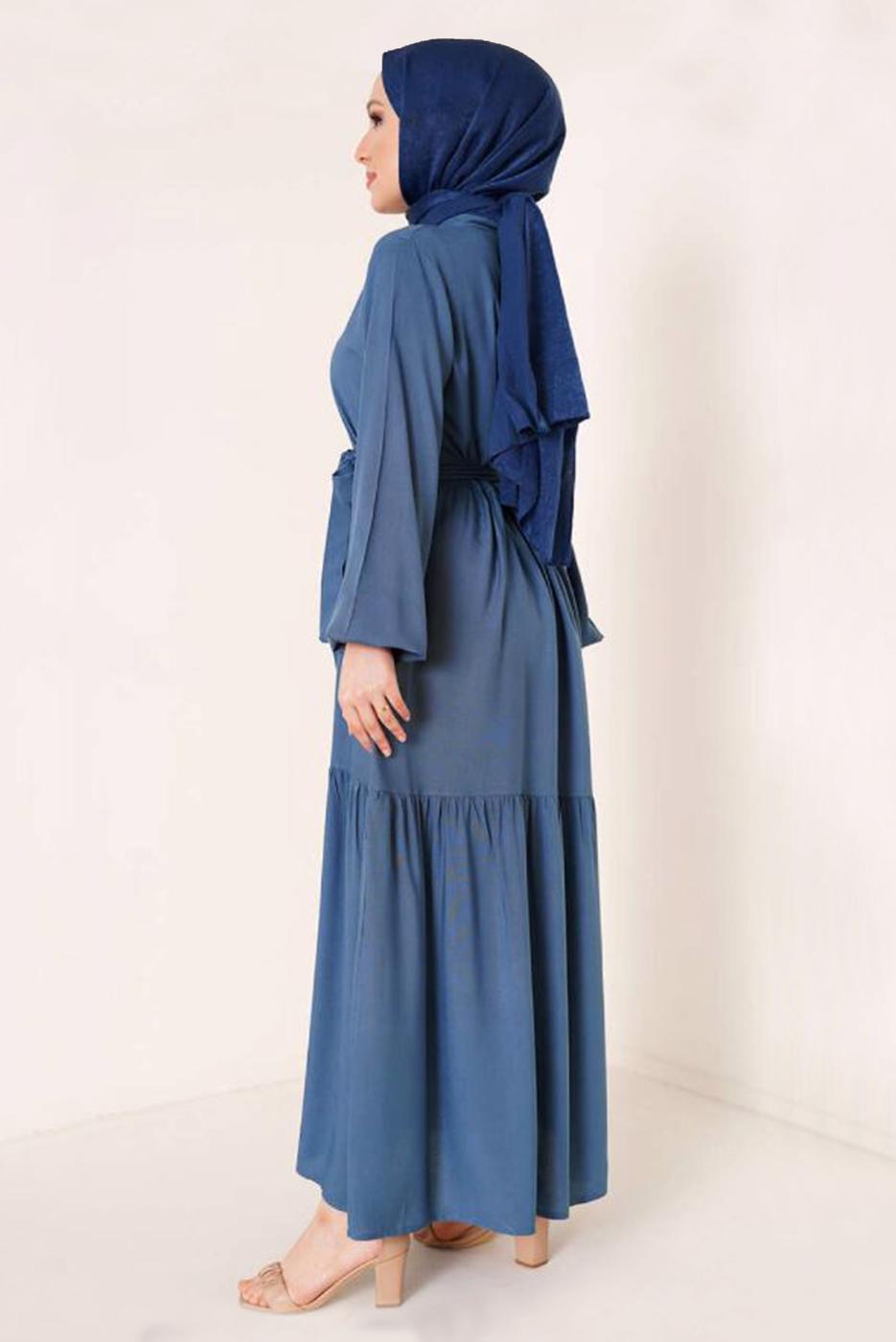Tesettür giyim MAVİ YAKASI BAĞLAMALI KUŞAKLI ELBİSE T 644