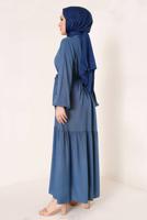Tesettür giyim MAVİ YAKASI BAĞLAMALI KUŞAKLI ELBİSE T 644