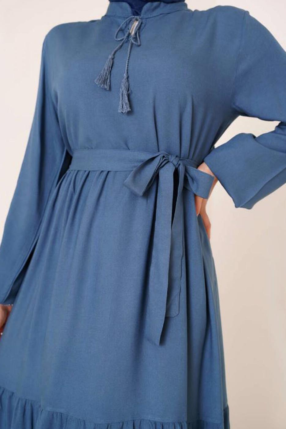Tesettür giyim MAVİ YAKASI BAĞLAMALI KUŞAKLI ELBİSE T 644