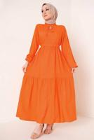 Tesettür giyim TURUNCU YAKASI BAĞLAMALI KUŞAKLI ELBİSE T 644