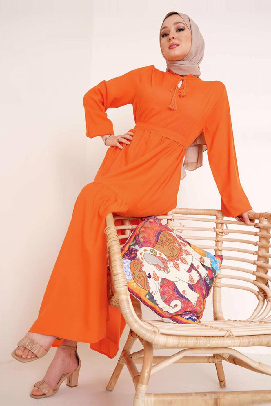 Tesettür giyim TURUNCU YAKASI BAĞLAMALI KUŞAKLI ELBİSE T 644