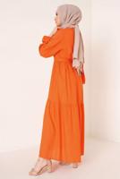 Tesettür giyim TURUNCU YAKASI BAĞLAMALI KUŞAKLI ELBİSE T 644