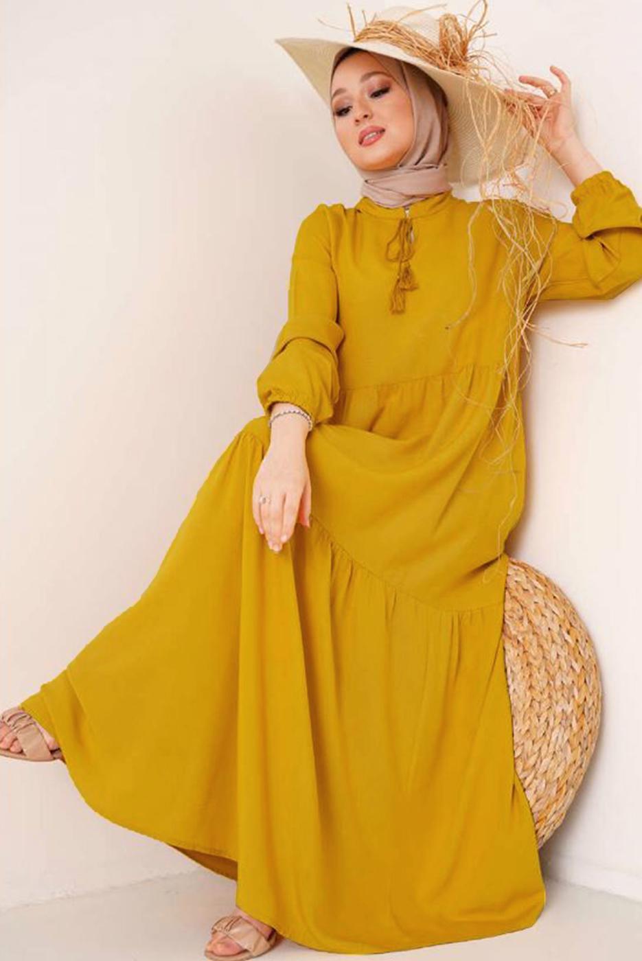 Tesettür giyim SARI YAKASI BAĞLAMALI KUŞAKLI ELBİSE T 644