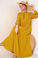 Tesettür giyim SARI YAKASI BAĞLAMALI KUŞAKLI ELBİSE T 644