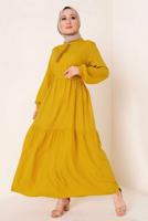 Tesettür giyim SARI YAKASI BAĞLAMALI KUŞAKLI ELBİSE T 644