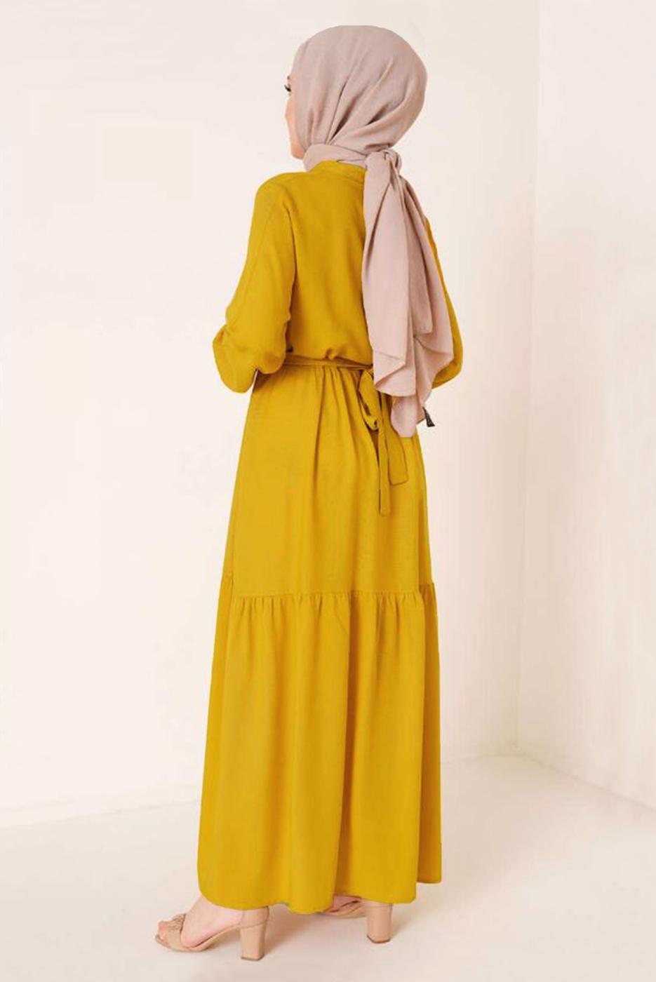 Tesettür giyim SARI YAKASI BAĞLAMALI KUŞAKLI ELBİSE T 644