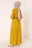 Tesettür giyim SARI YAKASI BAĞLAMALI KUŞAKLI ELBİSE T 644