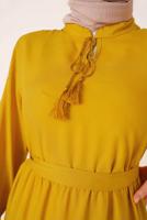 Tesettür giyim SARI YAKASI BAĞLAMALI KUŞAKLI ELBİSE T 644