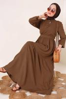 Tesettür giyim KAHVE YAKASI BAĞLAMALI KUŞAKLI ELBİSE T 644