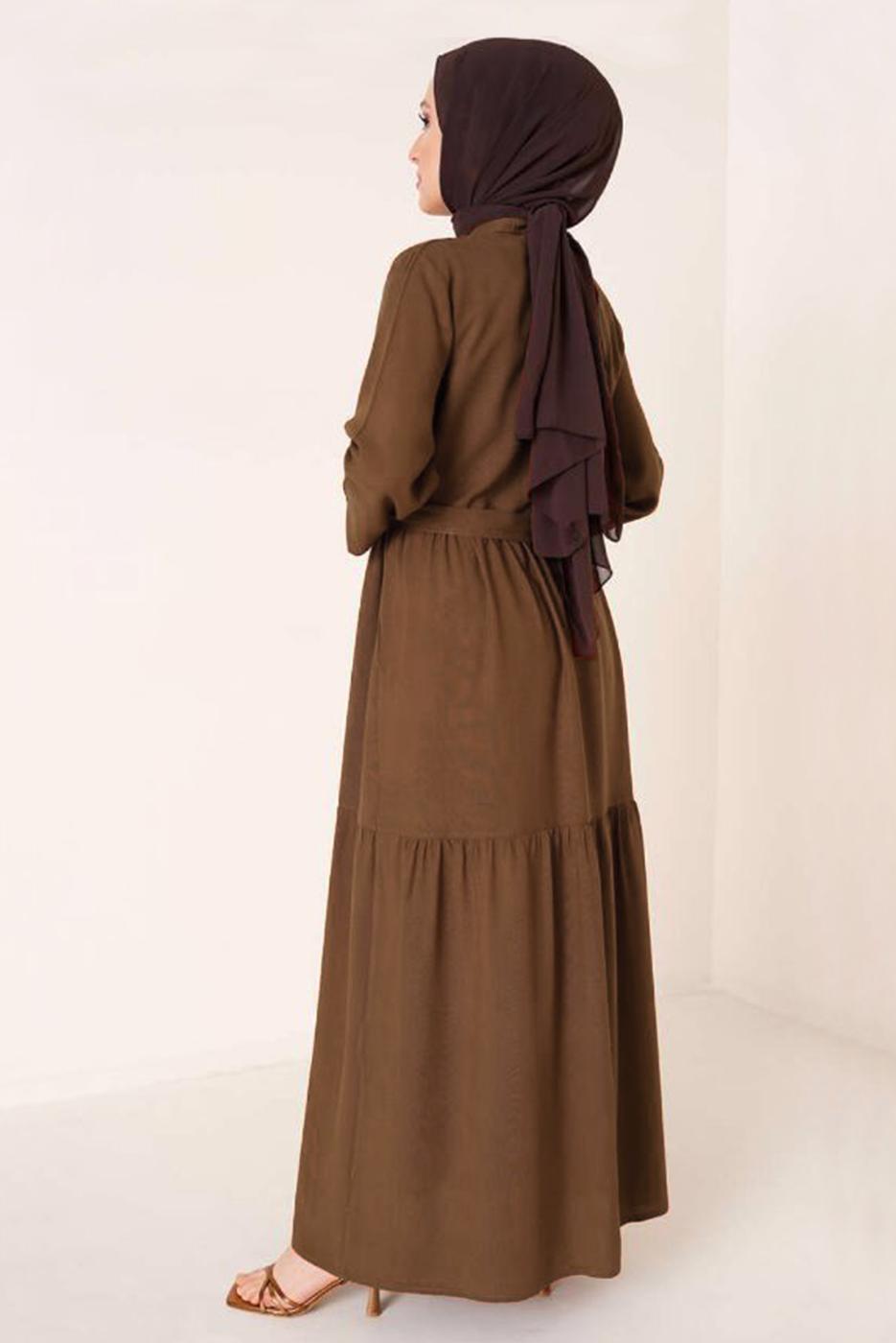 Tesettür giyim KAHVE YAKASI BAĞLAMALI KUŞAKLI ELBİSE T 644