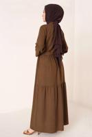 Tesettür giyim KAHVE YAKASI BAĞLAMALI KUŞAKLI ELBİSE T 644