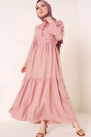 Tesettür giyim PUDRA YAKASI BAĞLAMALI KUŞAKLI ELBİSE T 644