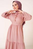 Tesettür giyim PUDRA YAKASI BAĞLAMALI KUŞAKLI ELBİSE T 644