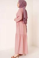Tesettür giyim PUDRA YAKASI BAĞLAMALI KUŞAKLI ELBİSE T 644