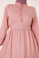 Tesettür giyim PUDRA YAKASI BAĞLAMALI KUŞAKLI ELBİSE T 644