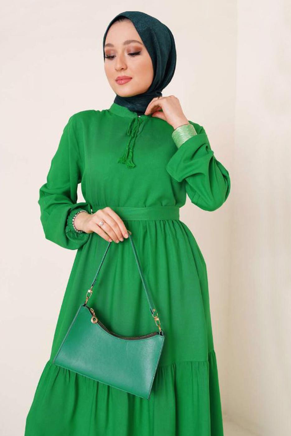 Tesettür giyim YEŞİL YAKASI BAĞLAMALI KUŞAKLI ELBİSE T 644
