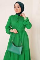Tesettür giyim YEŞİL YAKASI BAĞLAMALI KUŞAKLI ELBİSE T 644