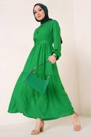 Tesettür giyim YEŞİL YAKASI BAĞLAMALI KUŞAKLI ELBİSE T 644