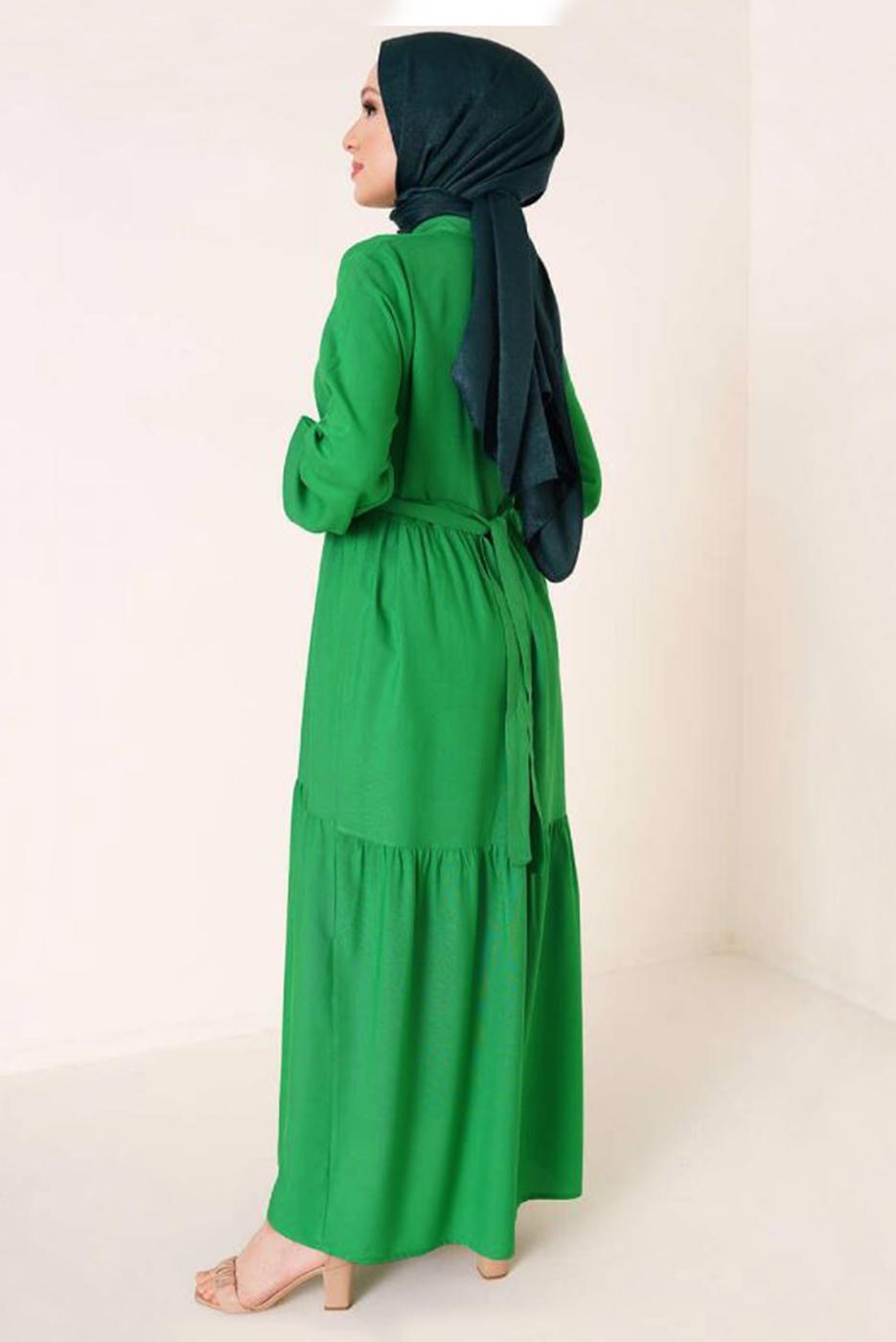 Tesettür giyim YEŞİL YAKASI BAĞLAMALI KUŞAKLI ELBİSE T 644