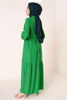 Tesettür giyim YEŞİL YAKASI BAĞLAMALI KUŞAKLI ELBİSE T 644
