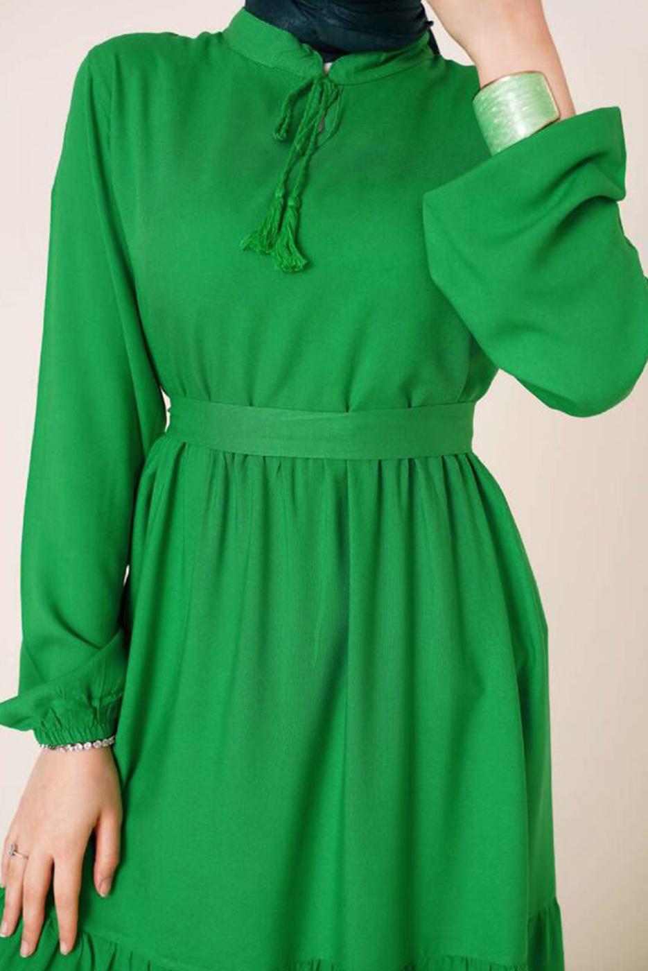 Tesettür giyim YEŞİL YAKASI BAĞLAMALI KUŞAKLI ELBİSE T 644