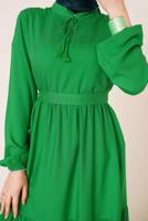 Tesettür giyim YEŞİL YAKASI BAĞLAMALI KUŞAKLI ELBİSE T 644