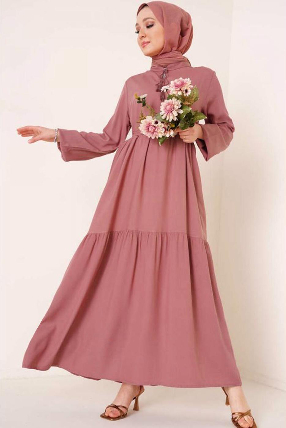 Tesettür giyim PEMBE YAKASI BAĞLAMALI KUŞAKLI ELBİSE T 644