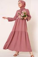 Tesettür giyim PEMBE YAKASI BAĞLAMALI KUŞAKLI ELBİSE T 644