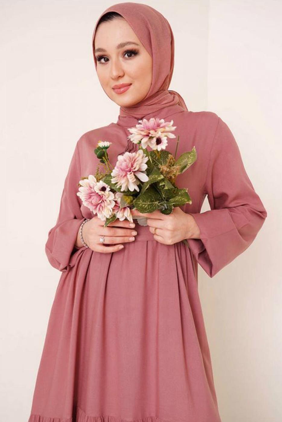 Tesettür giyim PEMBE YAKASI BAĞLAMALI KUŞAKLI ELBİSE T 644