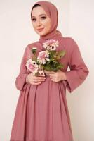Tesettür giyim PEMBE YAKASI BAĞLAMALI KUŞAKLI ELBİSE T 644