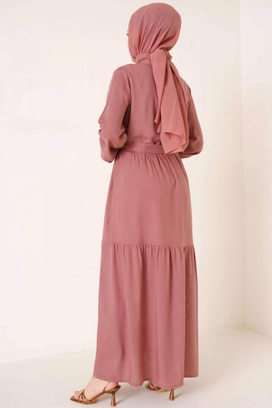 Tesettür giyim PEMBE YAKASI BAĞLAMALI KUŞAKLI ELBİSE T 644