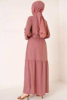 Tesettür giyim PEMBE YAKASI BAĞLAMALI KUŞAKLI ELBİSE T 644