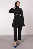 Tesettür giyim SİYAH DRAPE DETAYLI KEMERLİ PANT. TAKIM T 0685	