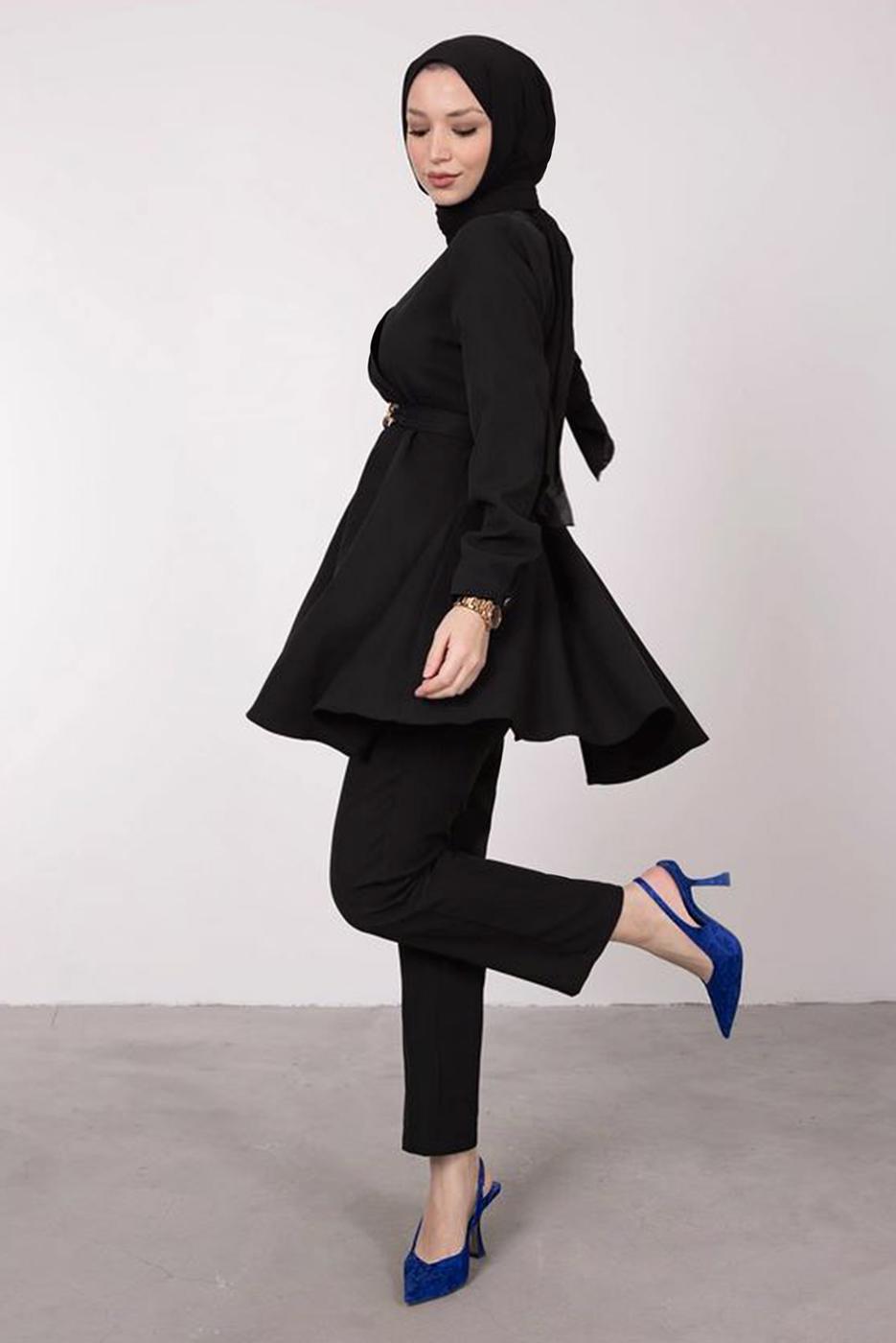 Tesettür giyim SİYAH DRAPE DETAYLI KEMERLİ PANT. TAKIM T 0685	